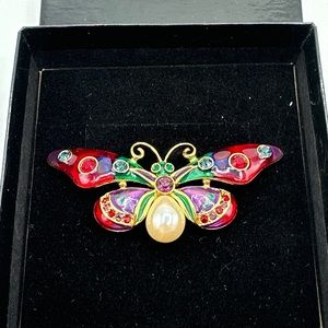 JOAN RIVERS Butterfly Brooch Enamel w/ Rhinestones, Faux Pearl, Original Box#314